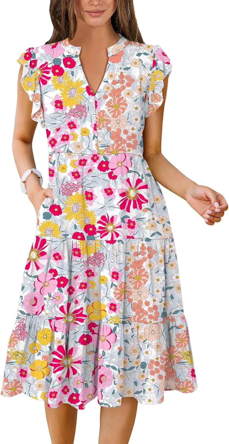 Women's Ruffle Sleeve V-Neck Tiered Midi Dress