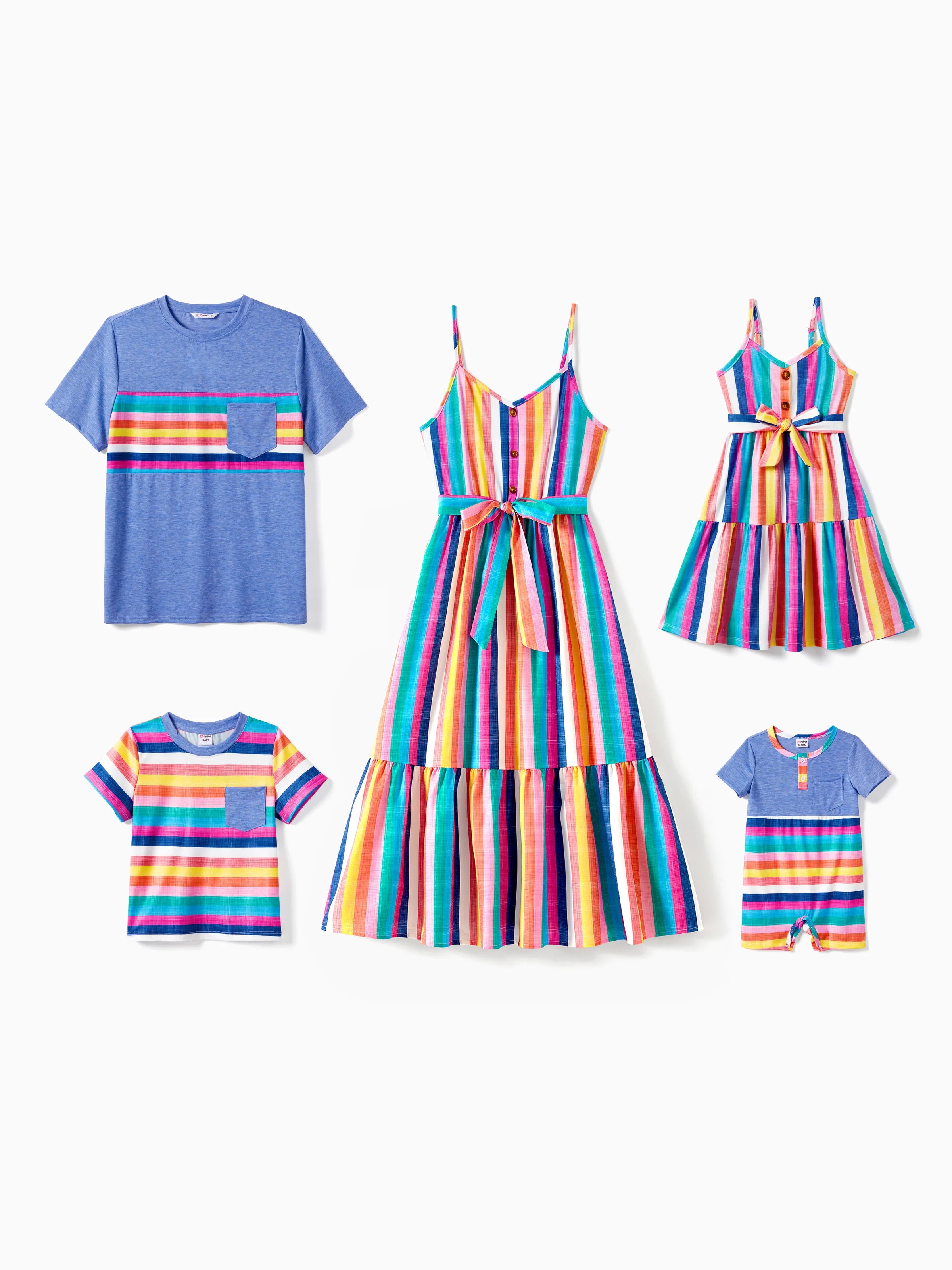 Family Matching Multi-Color Stripe T-shirt and Ruffle Hem Button Strap Dress Sets COLOREDSTRIPES