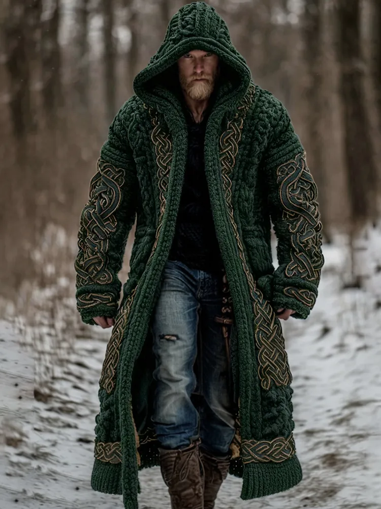 Men's Viking Celtic Knot Art Pocket Mid-length Cardigan Sweater