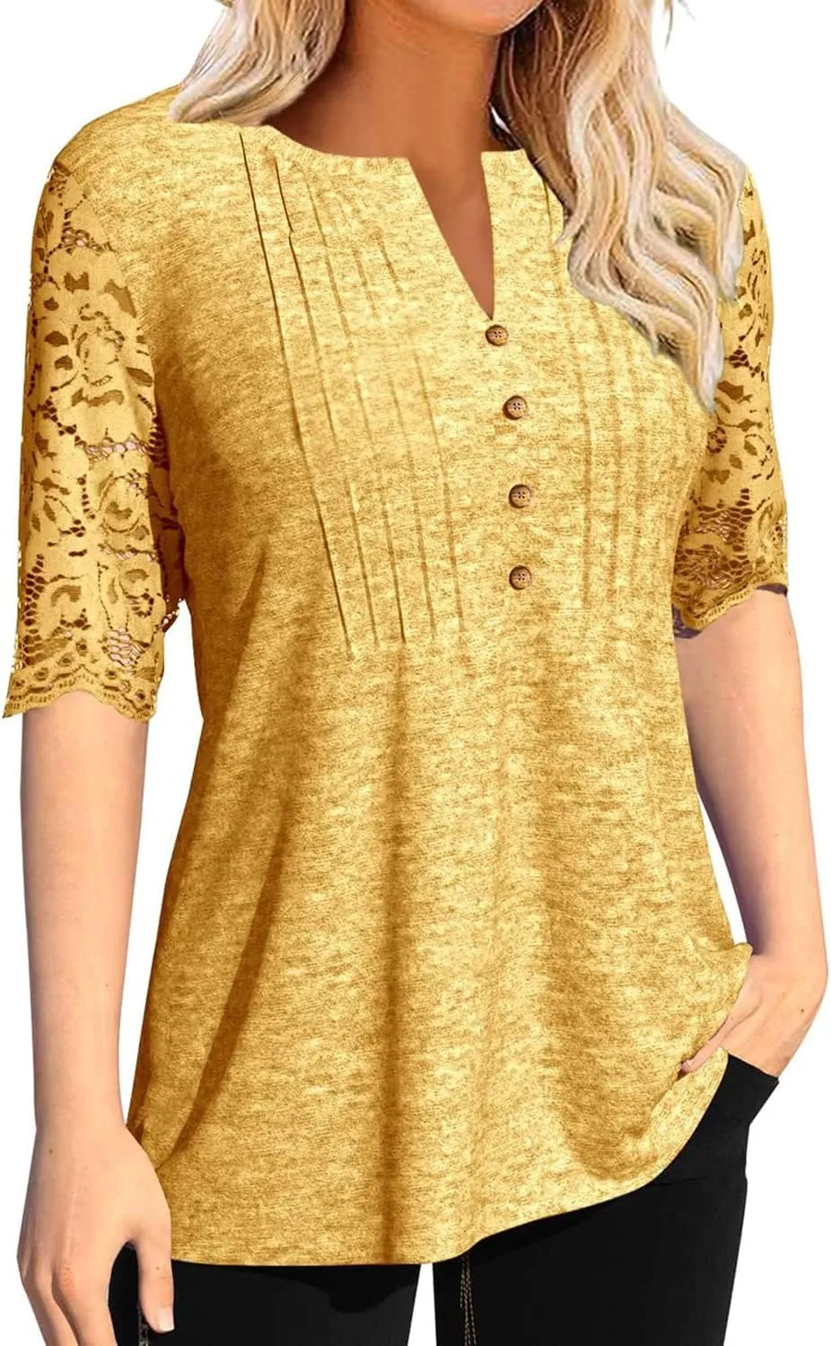 Women's Lace Sleeve Summer T-Shirt V-Neck Botton Up Basic Solid Color Casual Tunic Tops
