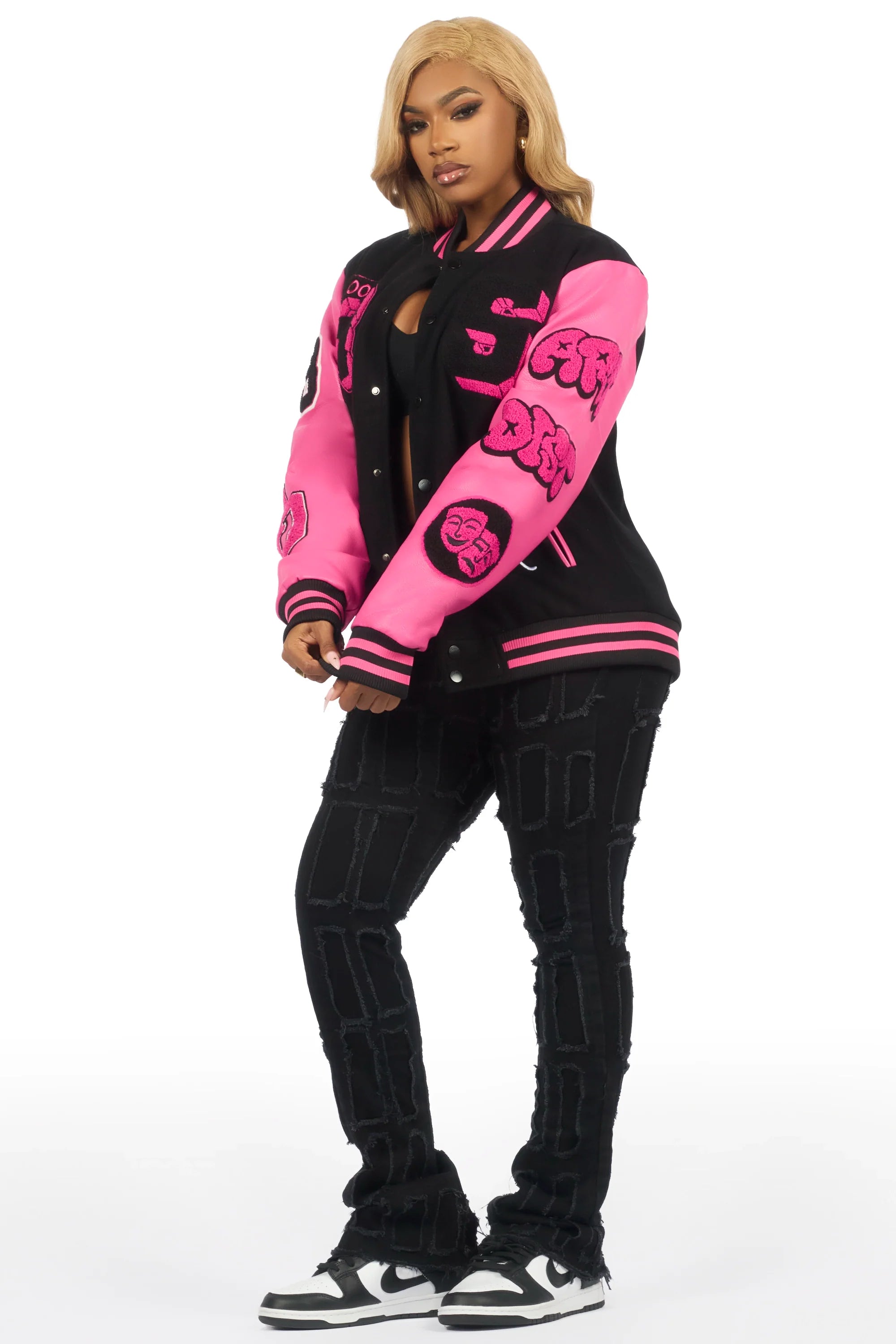 Leslee Black/Pink Oversized Varsity Jacket