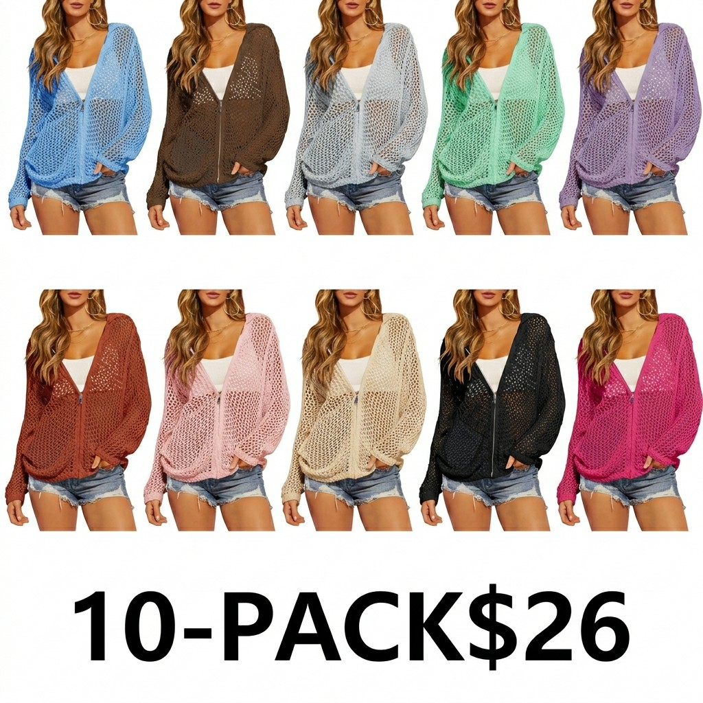 Women's Crochet Lightweight Cardigan – Zip Up Hooded Mesh Beach Cover Up