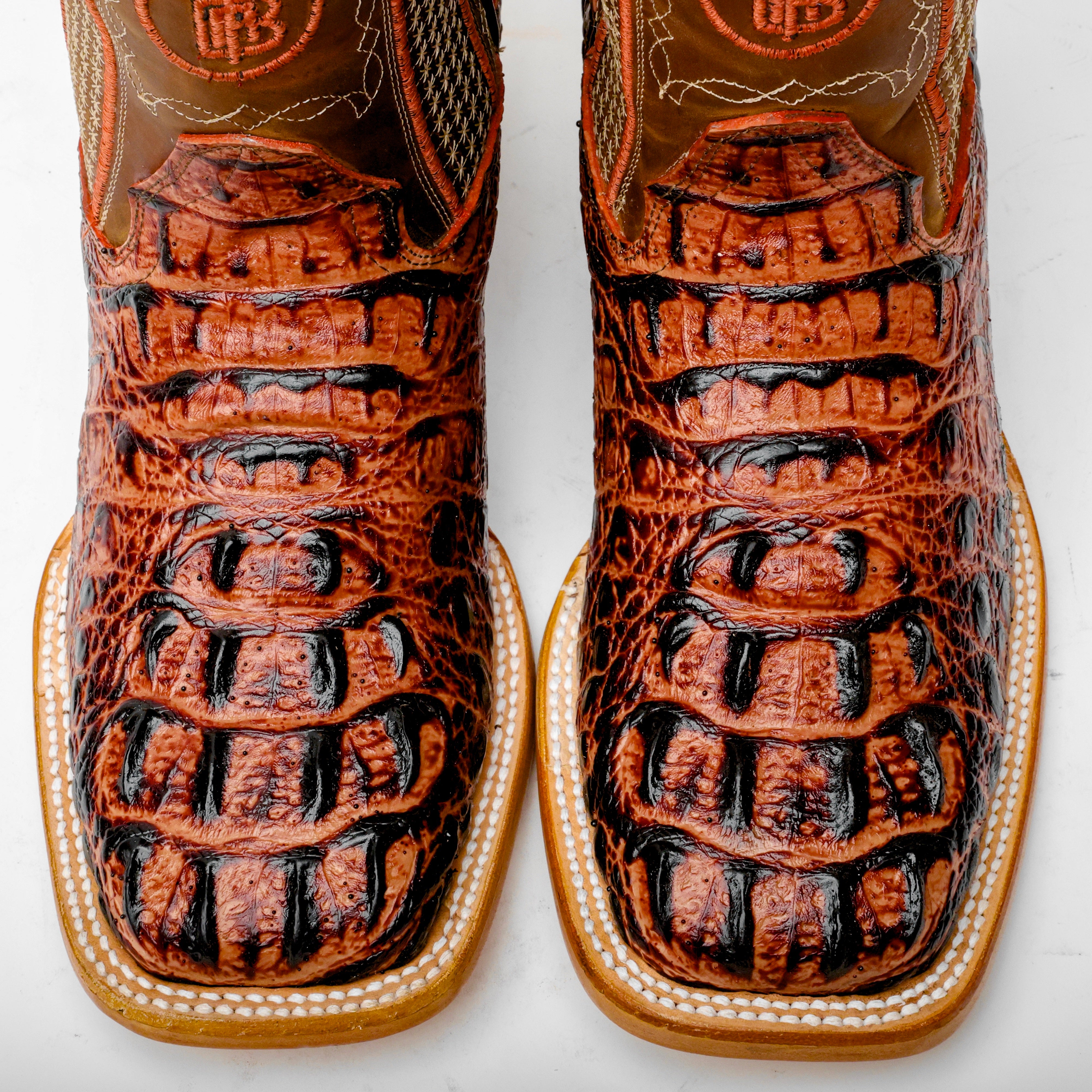Cognac Caiman Neck Leather Boots - Square Toe