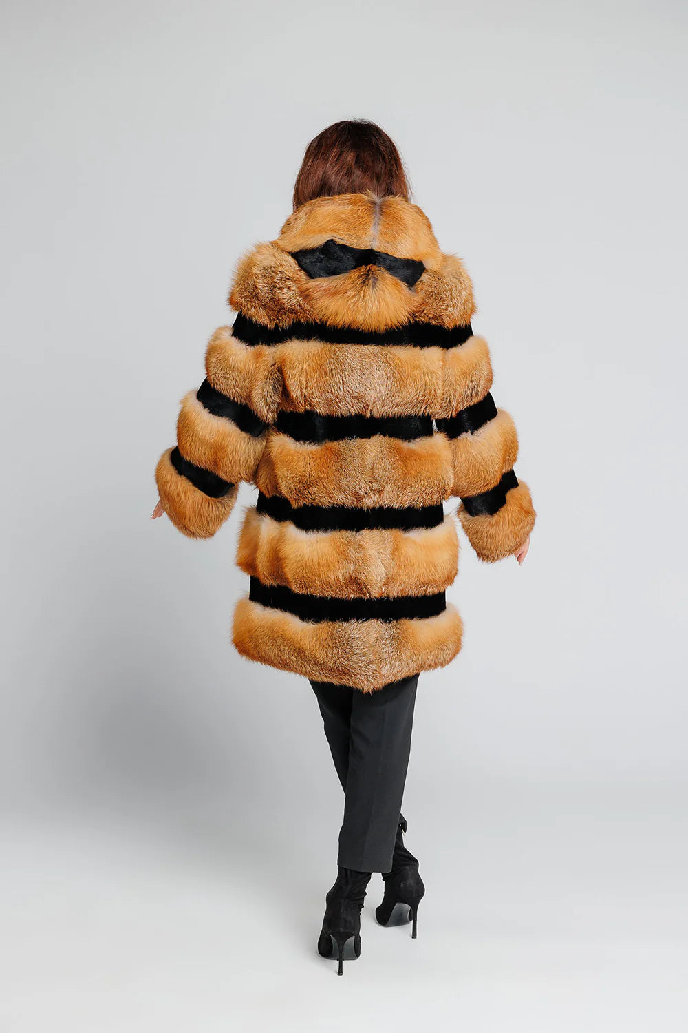 Haină din Blană Naturală de Vulpe Canadiană, cu Glugă, Femei, Brown Frost 354