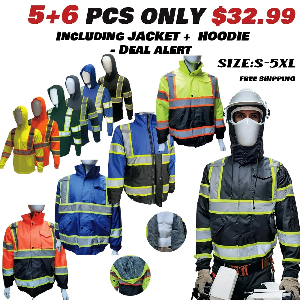 High Visibility Water Resistant Bomber Safety Jacket with Hoodie / Reflective Safety Sherpa Insulated Jacket