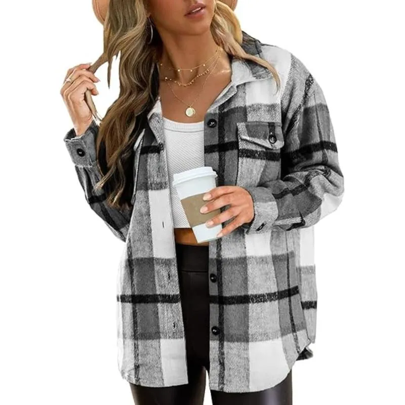 Womens Plus Size Shacket Jacket Flannel Plaid Long Sleeve