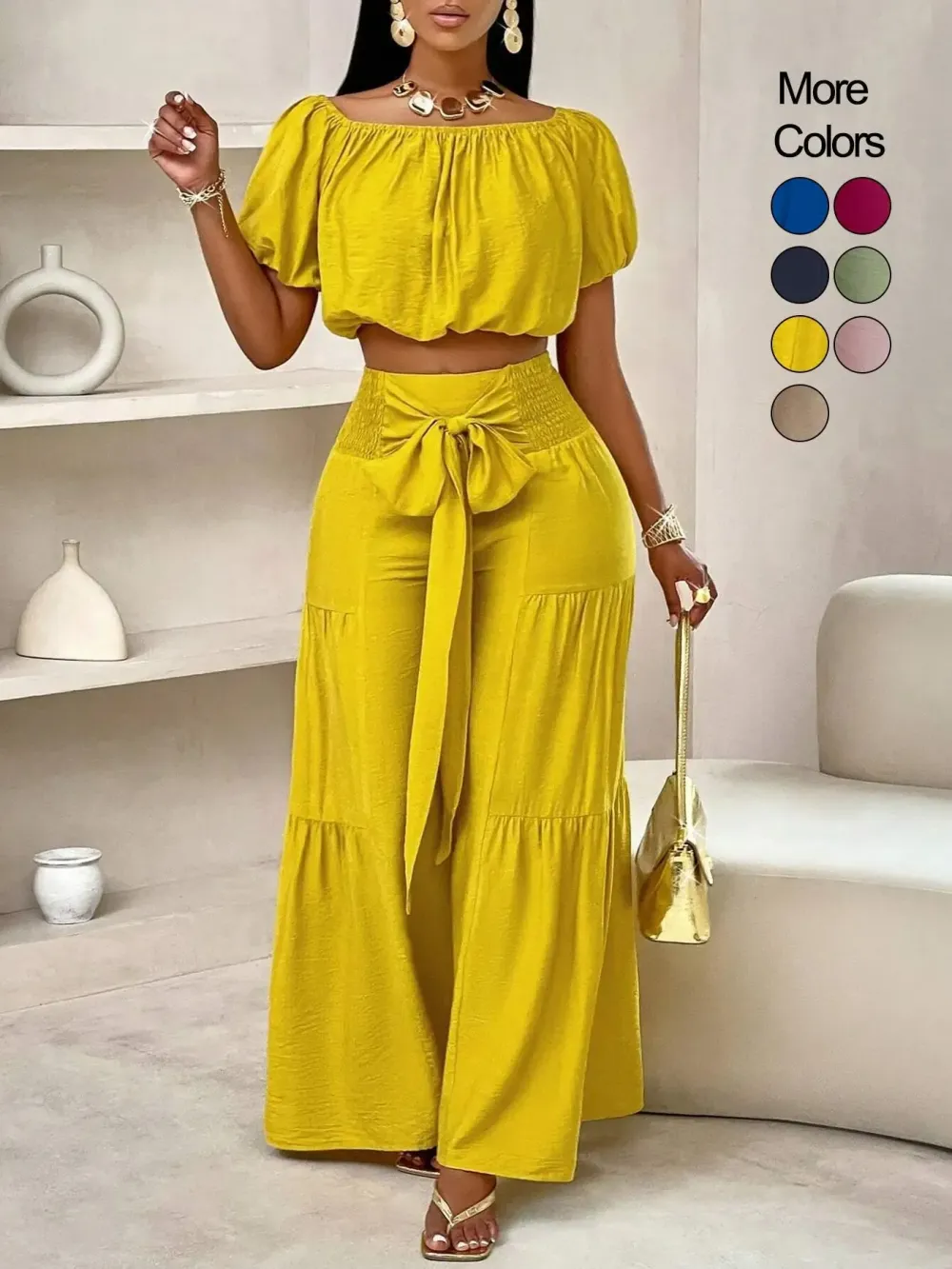 Women's Solid Color Top & Wide Leg Pants Set, Casual Off Shoulder Top & Palazzo Pants for Summer