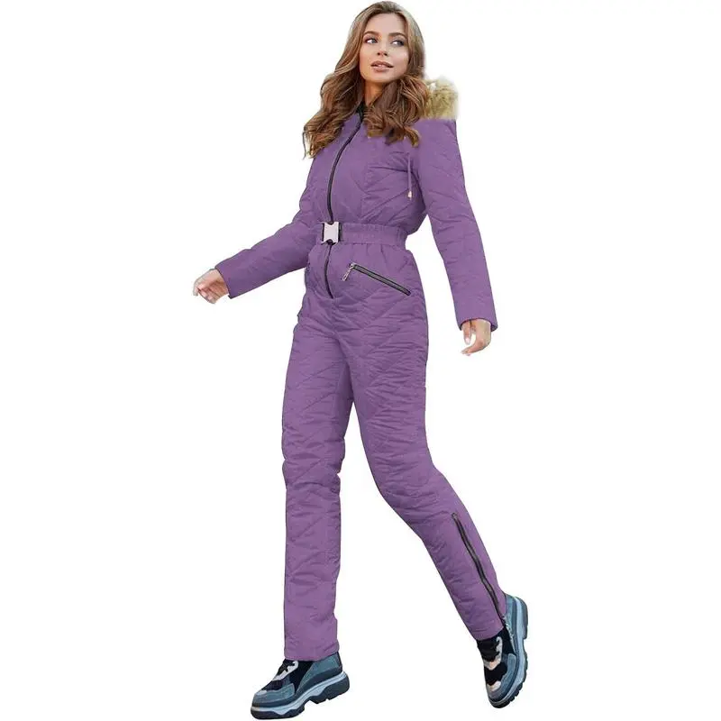 Women's Winter Ski Suit One-Piece Hooded Fur Collar Jumpsuit