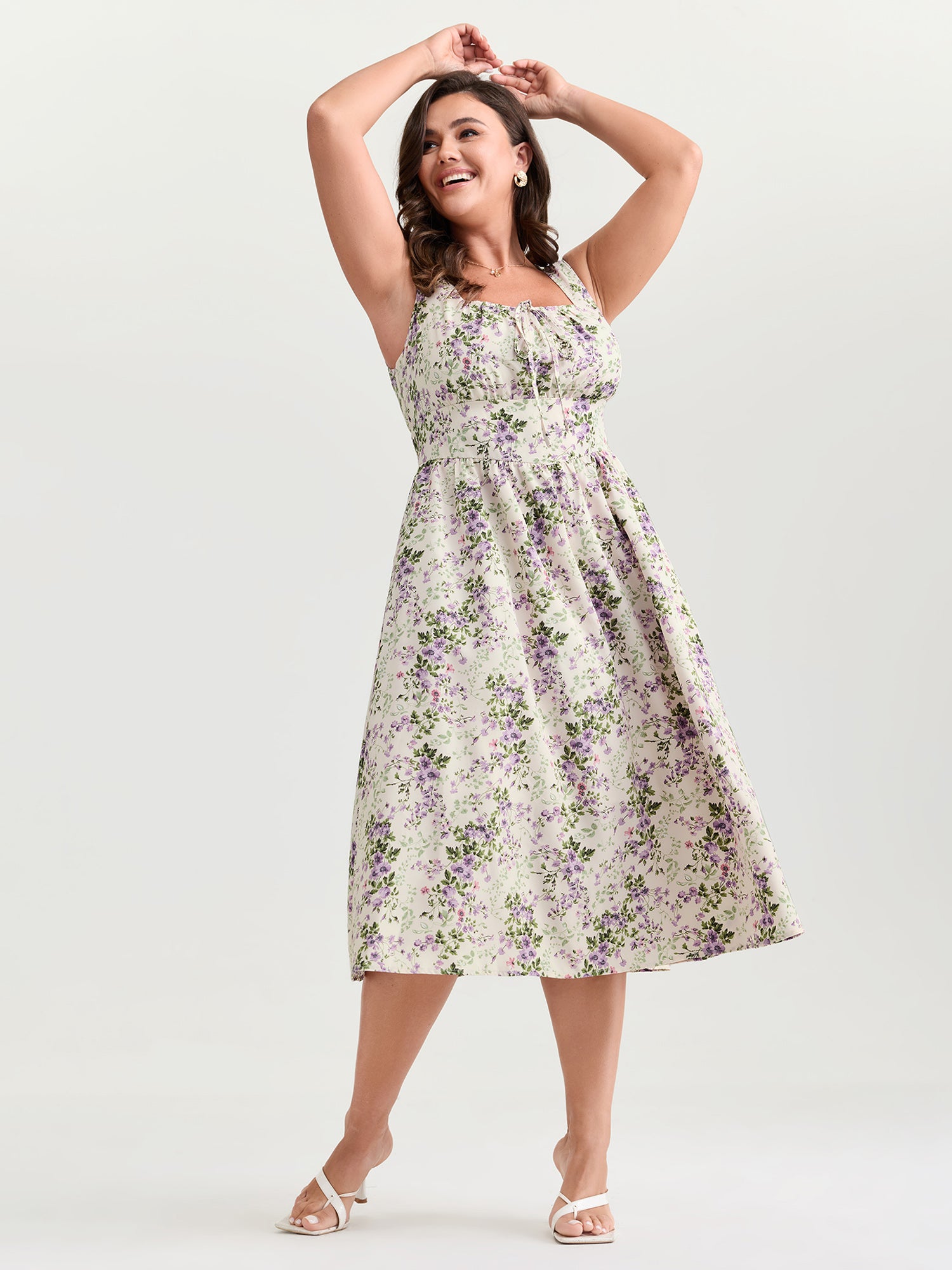 Floral Print Adjustable Bust-Tie Pockets Midi Dress