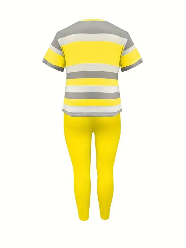 Women's Plus Size Striped Print Short Sleeve Top & Pants Two-piece Set