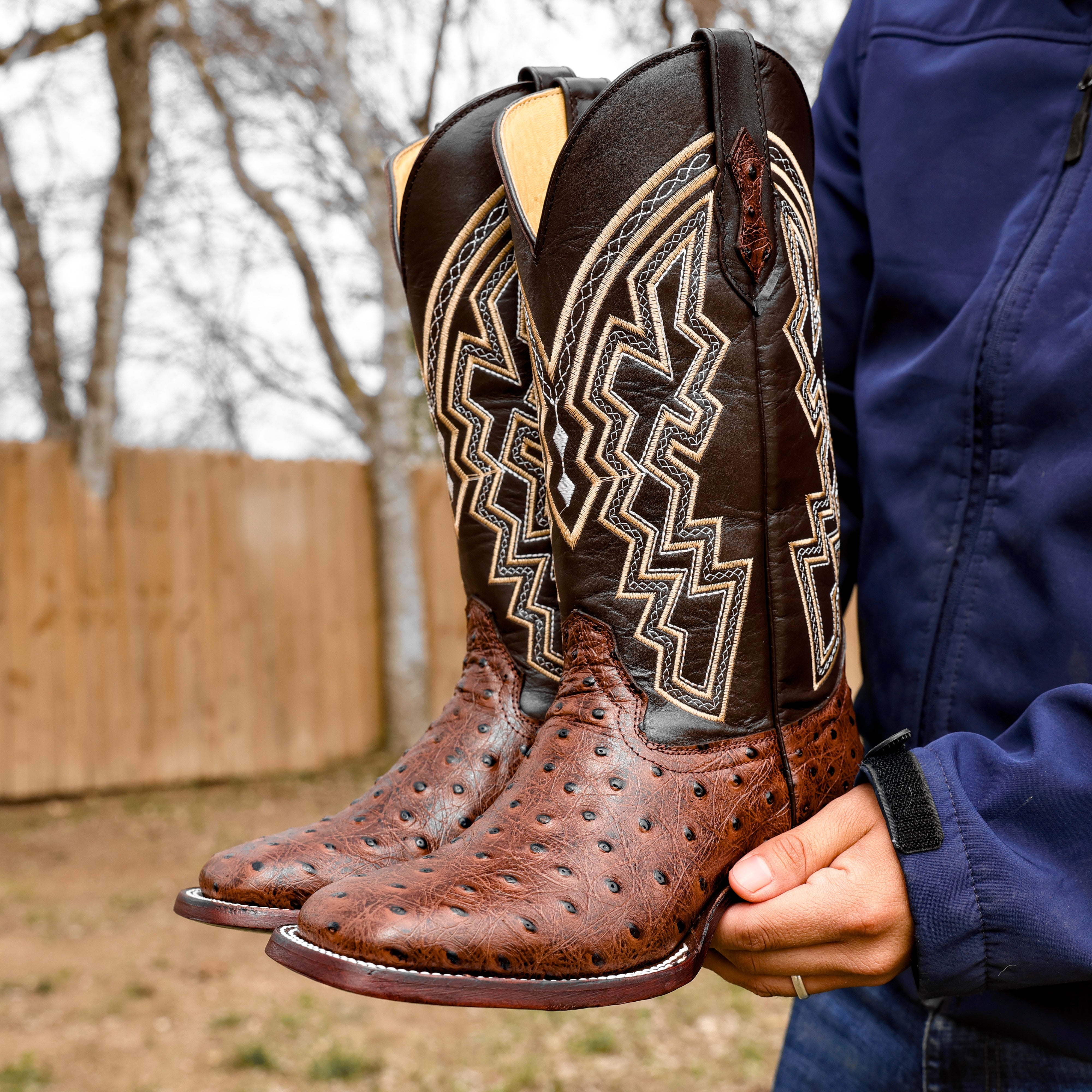 Chocolate Brown Ostrich Leather Boots - Square Toe