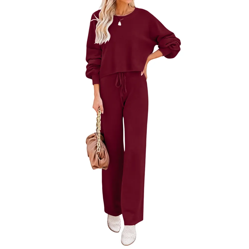 Womens Fall Winter Casual Solid Knitted 2 Piece Sets Long Sleeve Hoodie