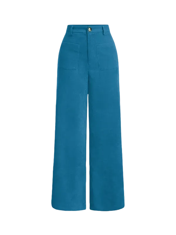 Women's solid color wide-leg pants with pockets and buttons