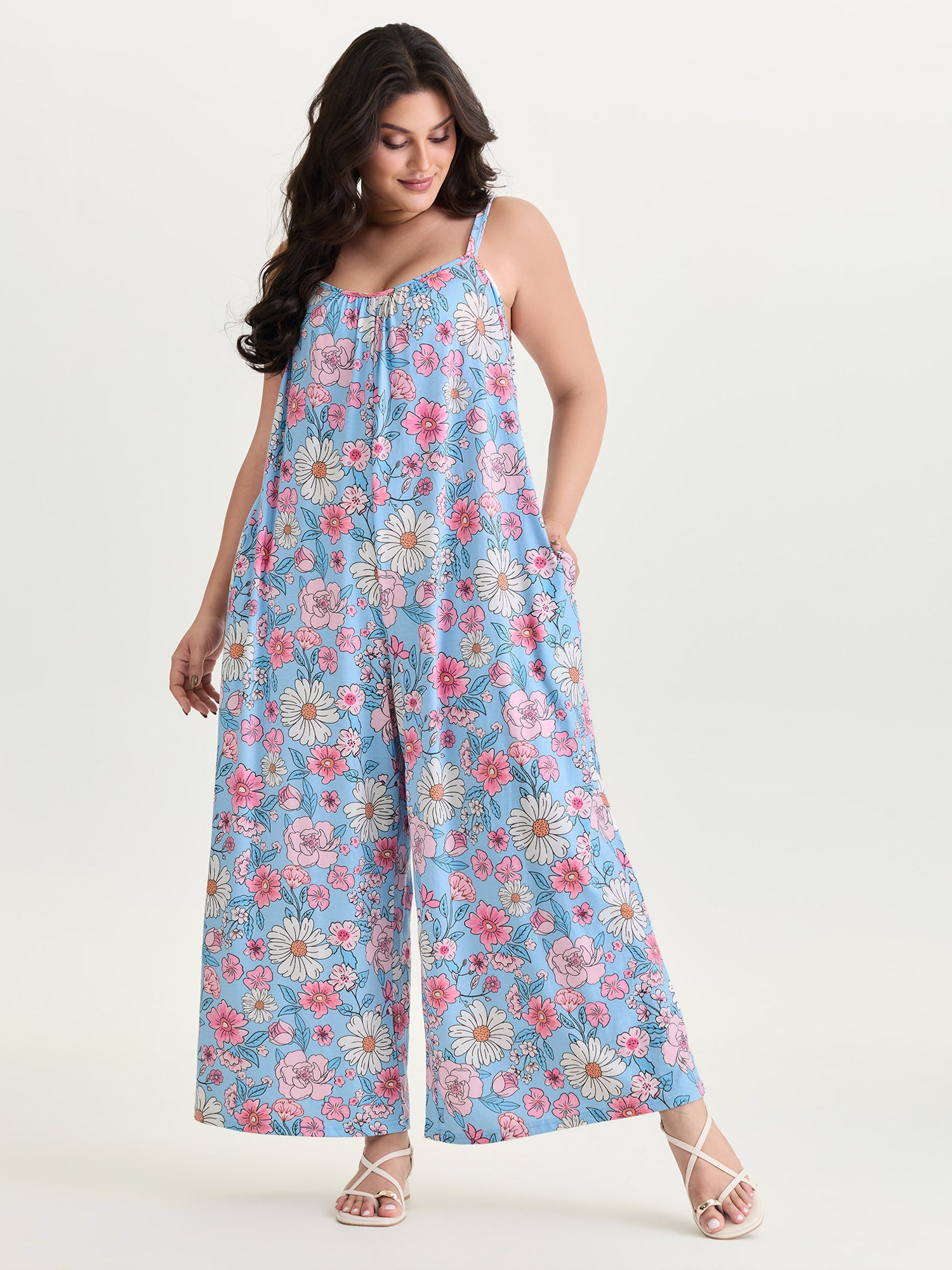 Stretchy Floral Print Wide Straps Jumpsuit