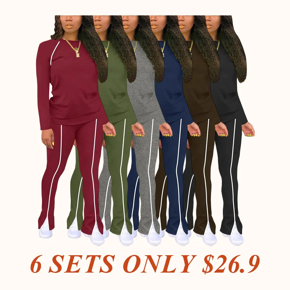 Women's Fashion New Round Neck Solid Color Patch Long Sleeve Top & Pants Set, Two-Piece for Casual Wear