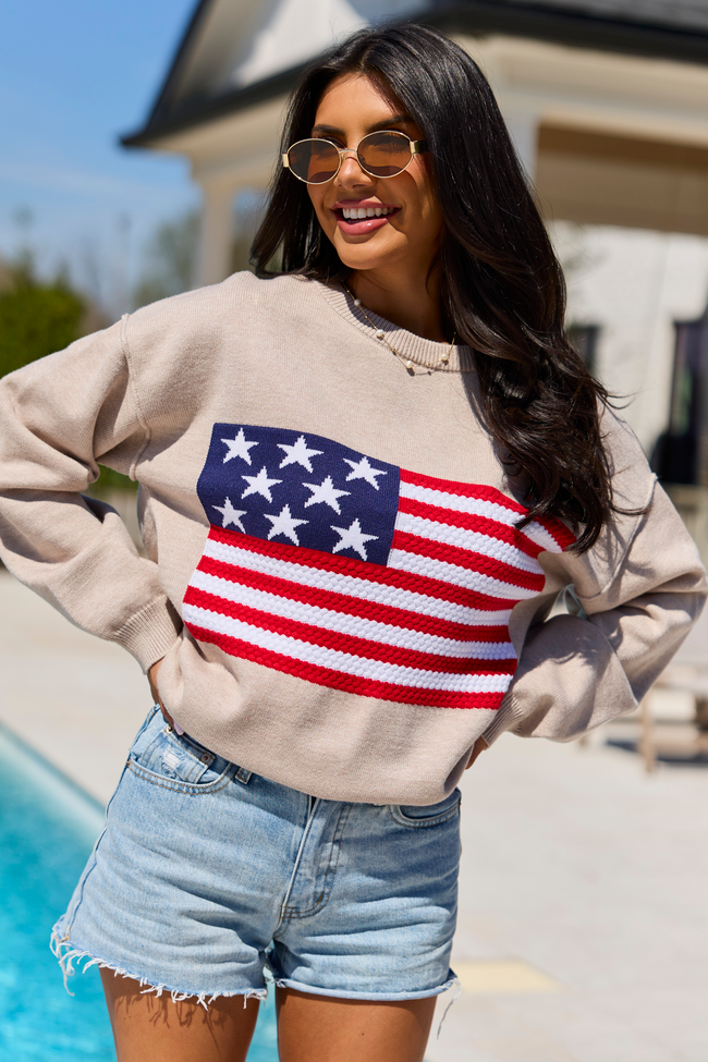Home Of The Free Taupe Textured Flag Sweater