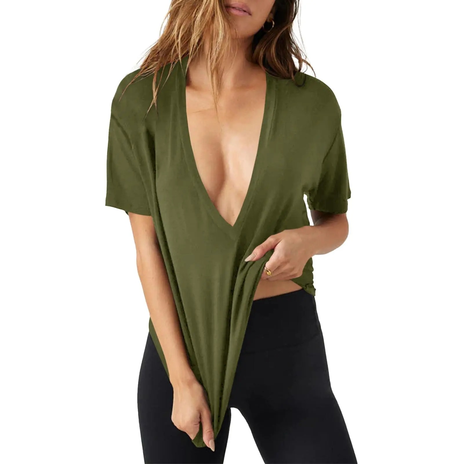 ✨ Women’s Deep V-Neck Short Sleeve Casual Tee