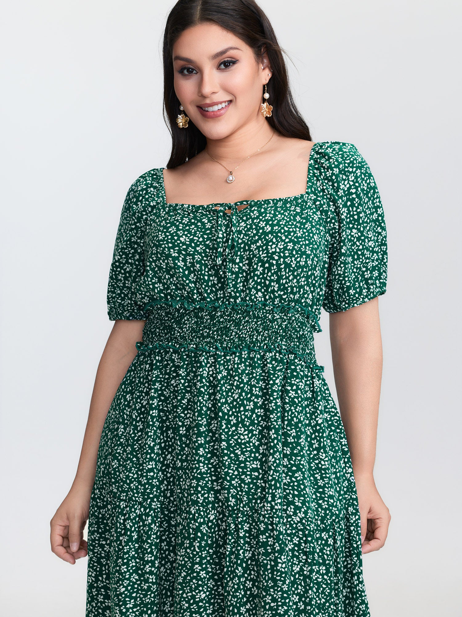 Floral Print Shirred Waist Midi Dress