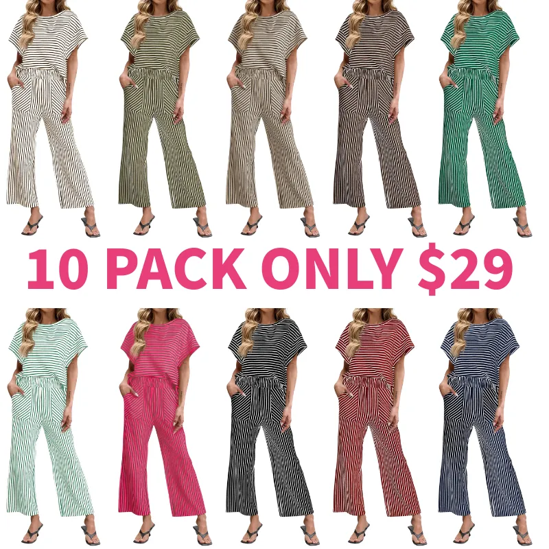 🔥10-PACK (Contain all color)🔥Women's Striped 2 Piece Lounge Set