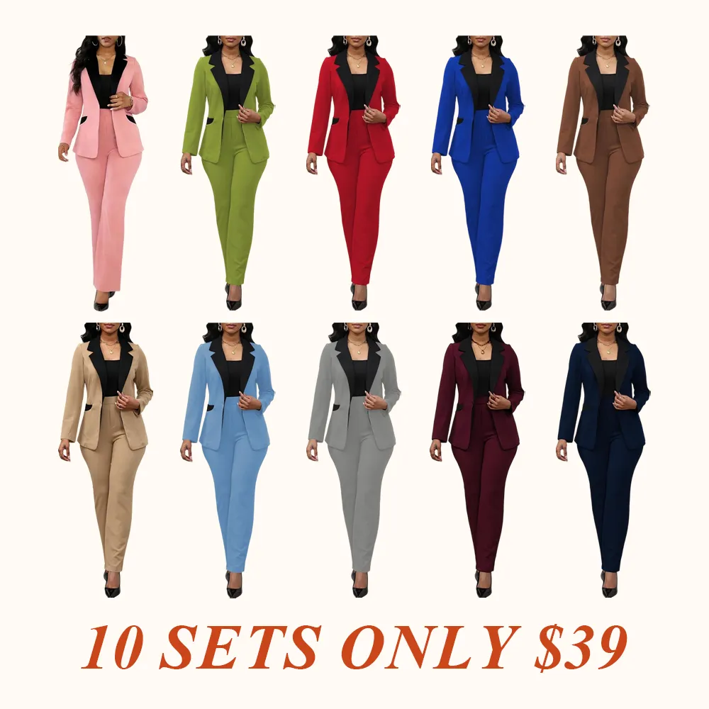 Women's Colorblock Blazer & Straight Leg Pants Set, Elegant Two-piece Set for Work Office Business, Ladies' Suits for All Seasons