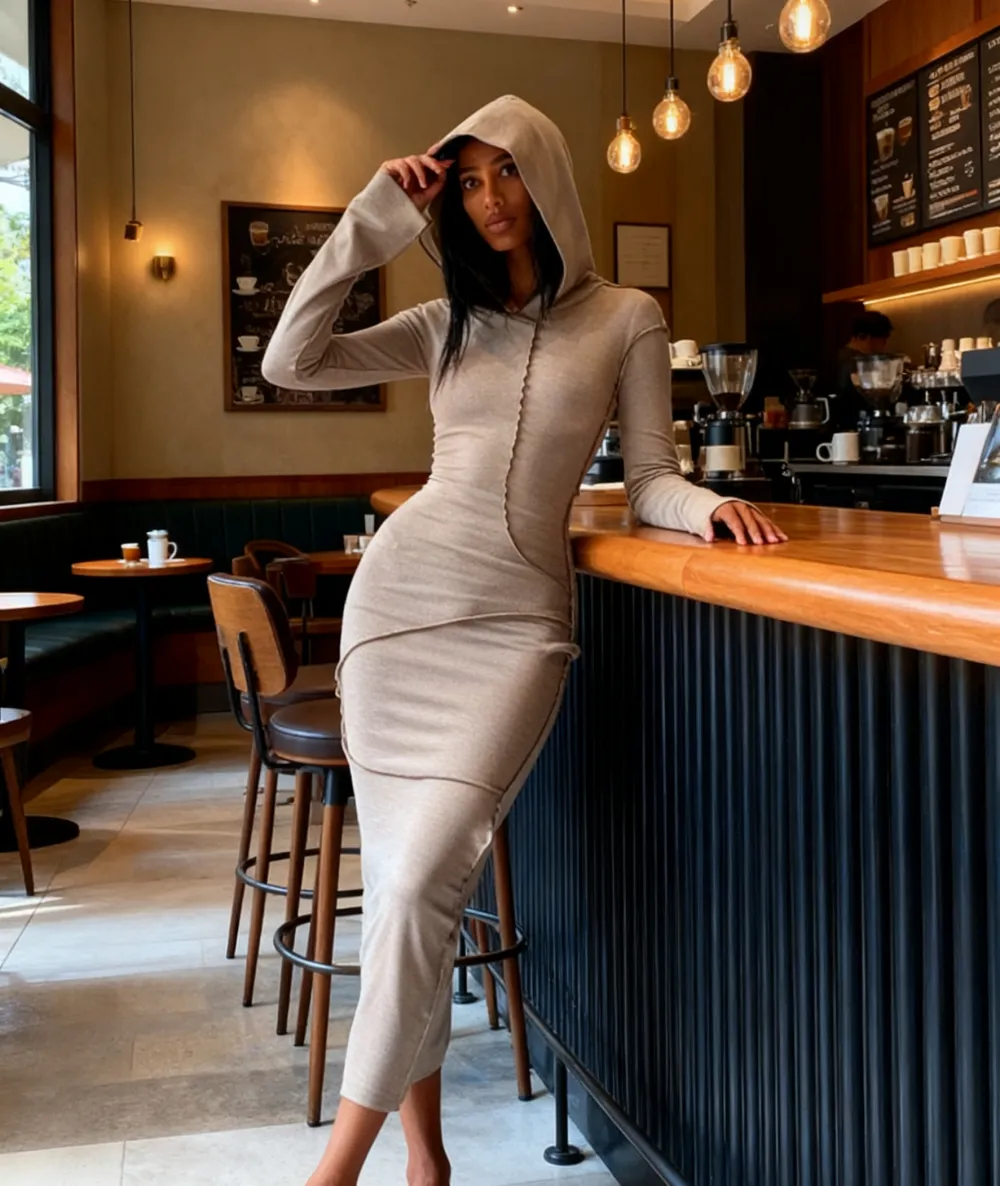 Women's Fall Winter Drop Shoulder Bodycon Hooded Dress