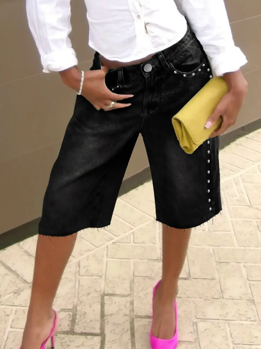 Washed Studded Wide-Leg Denim Jorts, Raw Hem High-Waisted Bermuda Shorts