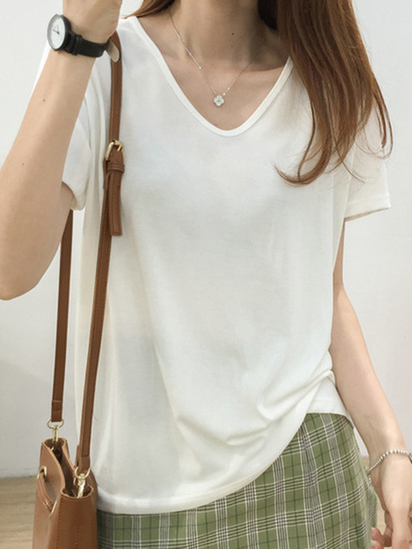 Solid Color Loose Short Sleeves U-Neck T-Shirts Tops