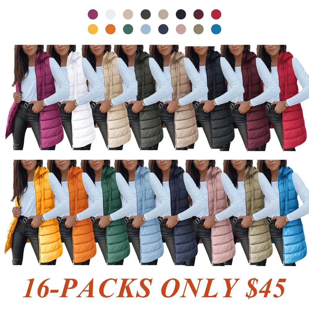 Women Long Vest Solid Color Sleeveless Hood Winter Puffer Vest Outwear
