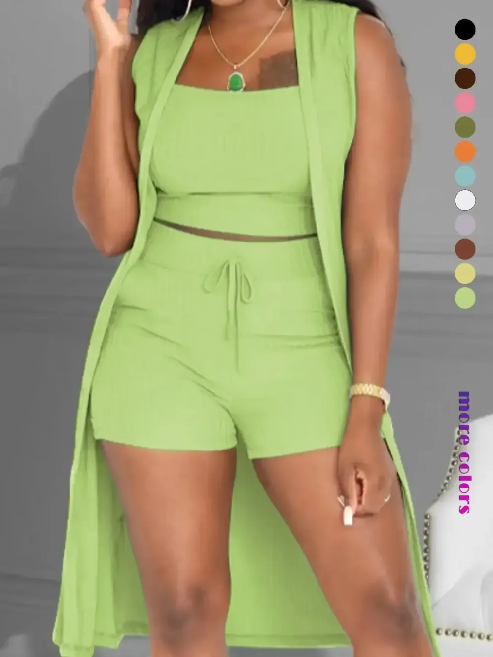 Three-Piece Set Women's Solid Ribbed Co-ord Set, Casual Crop Tank Top & Drawstring Waist Shorts & Vest Coat Set for Daily Wear