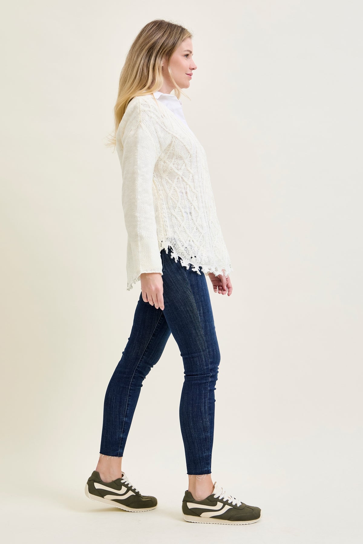 Cable Front Fringe Pullover White Sweater