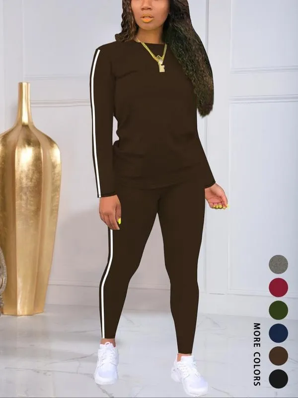 Women's Striped Print Long Sleeve Top & Pants Two-piece Set