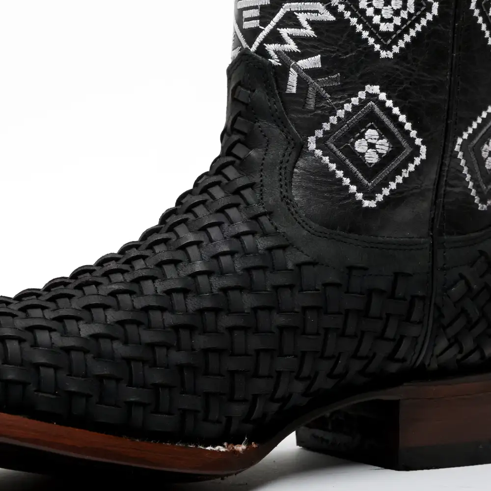 Black Basketweave Leather Boots - Square Toe