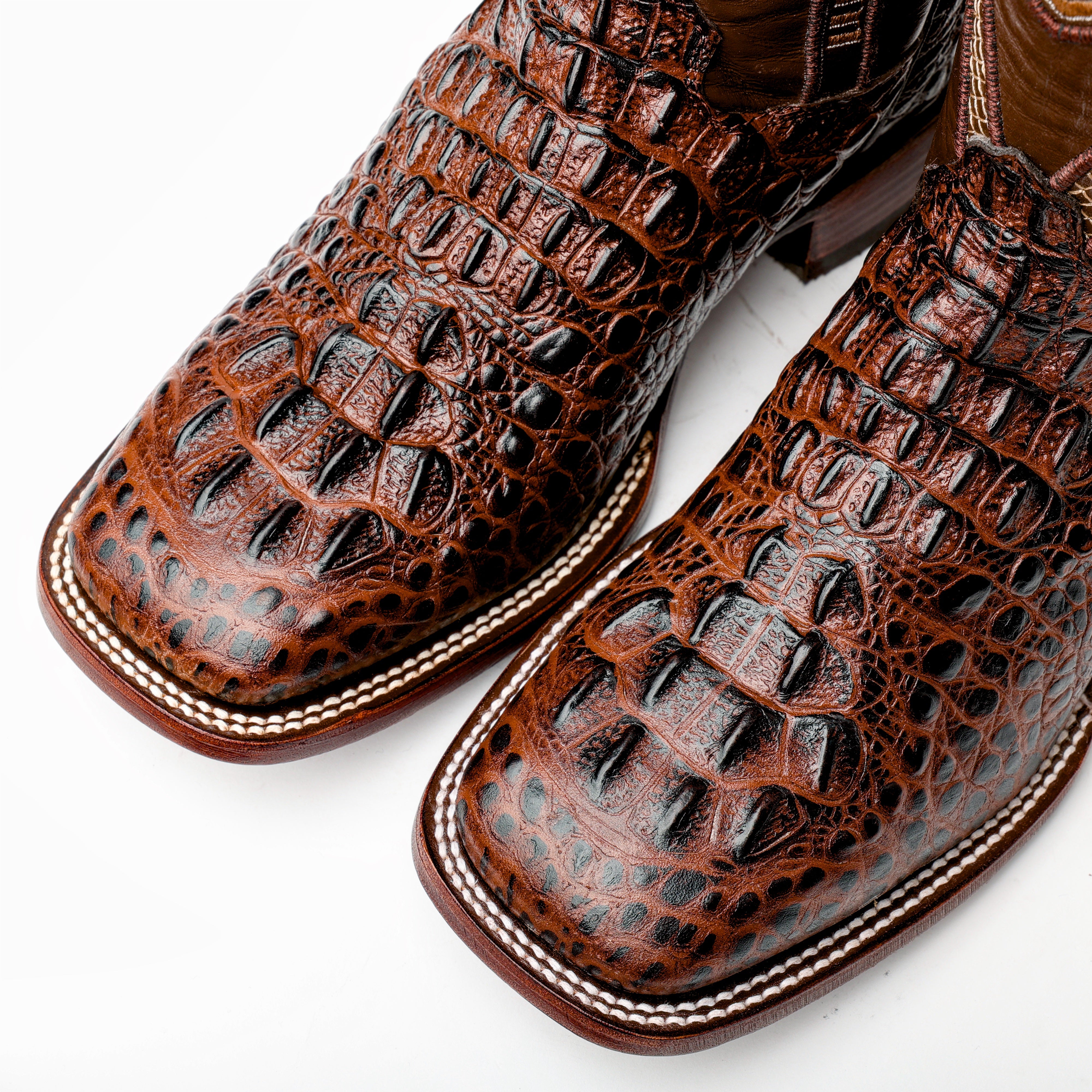 Brown Caiman Neck Leather Boots - Square Toe