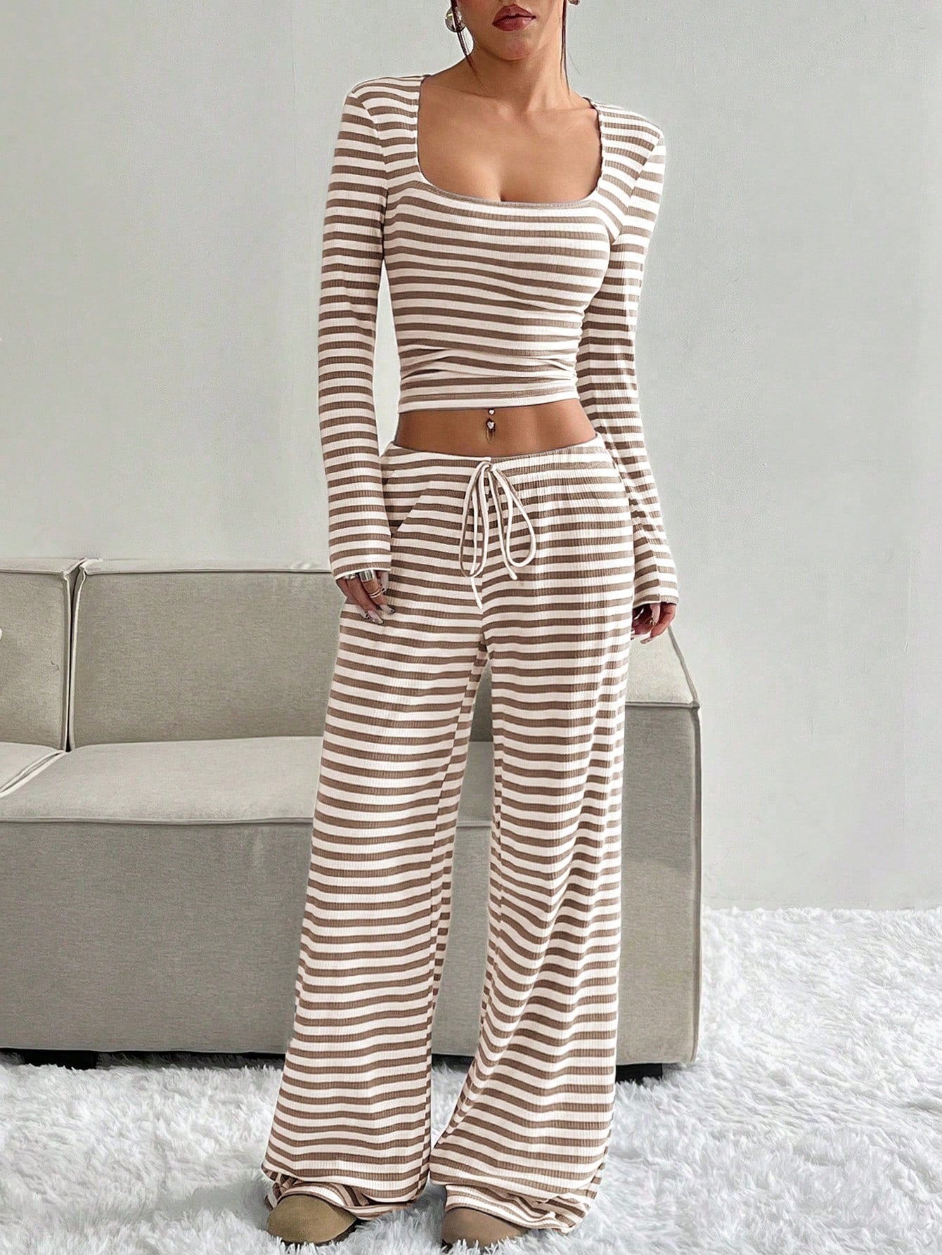 Women's Slouchy Square Neck Stripe Long Sleeve Crop Top & Low-Rise Wide Leg Trousers Co-ord, Minimalist Two Piece Outfits, Cozy Womenswear