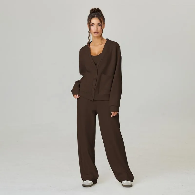 Women's Slouchy Solid Color V Neck Long Sleeve Button Cardigan & Drawstring Waist Trousers Co-ord