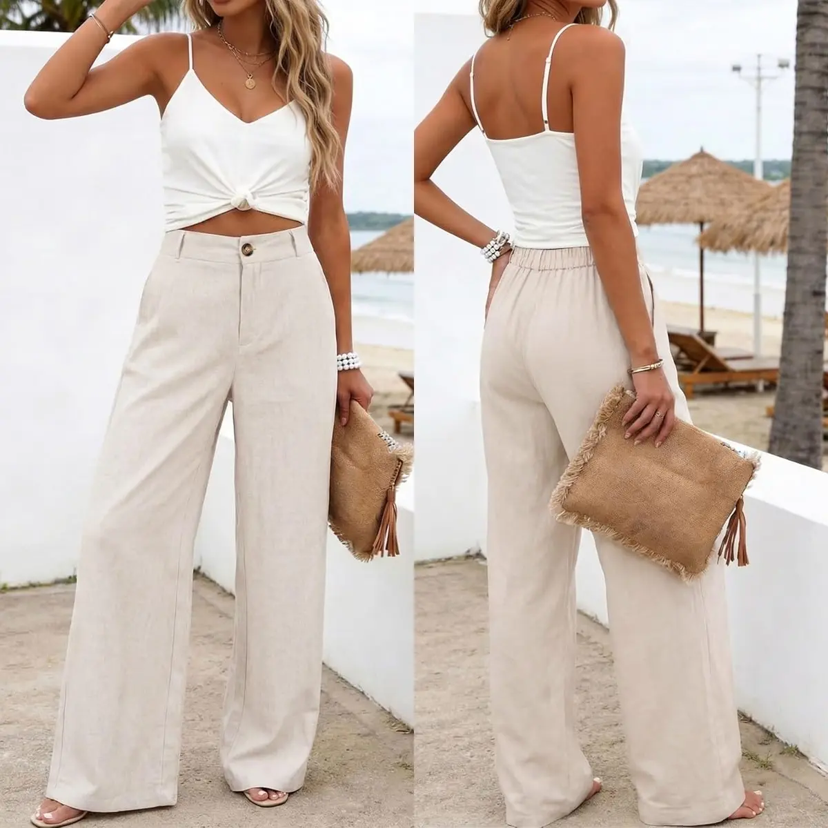 Women's High Waisted Wide Leg Linen Pants Casual Button Up Cotton Trousers for Summer Loose Comfy Beach Pants