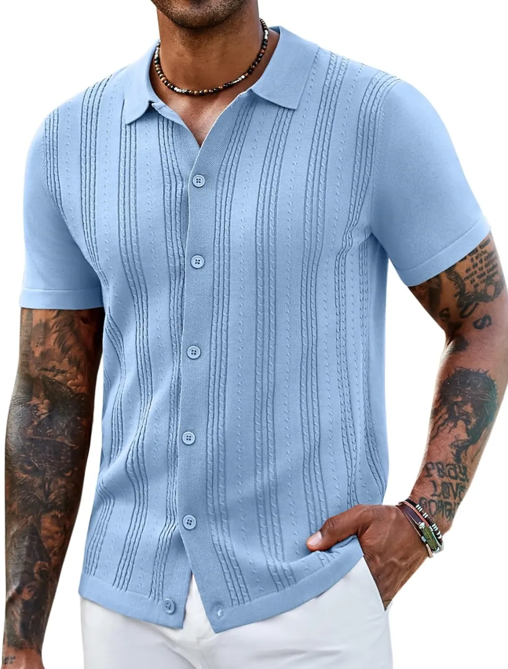 Men's Knit Shirts Short Sleeve Casual Button Down Polo Shirt Summer Beach Vacation Shirts Outfit Top