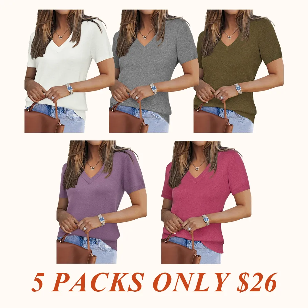 Womens Wool Blend Sweater Soft V Neck Short Sleeve Spring Fashion Pullover Tops