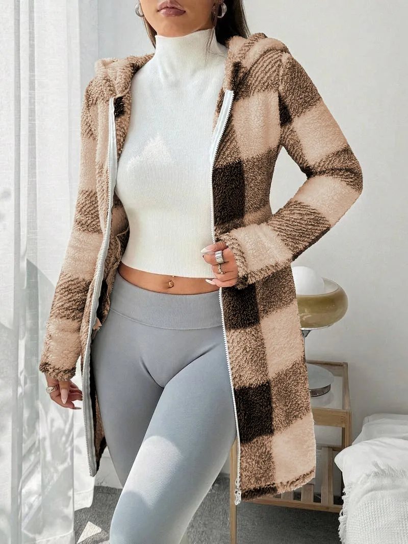 Women's Plaid Fleece Long Sleeve Hooded Coat