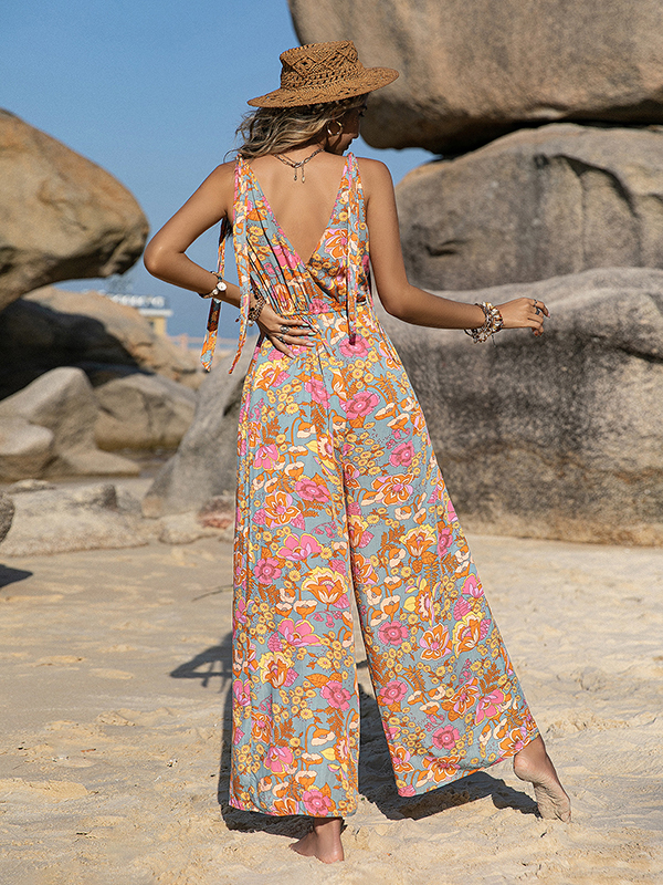 Bohemia Loose Sleeveless Floral Printed V-Neck Jumpsuit
