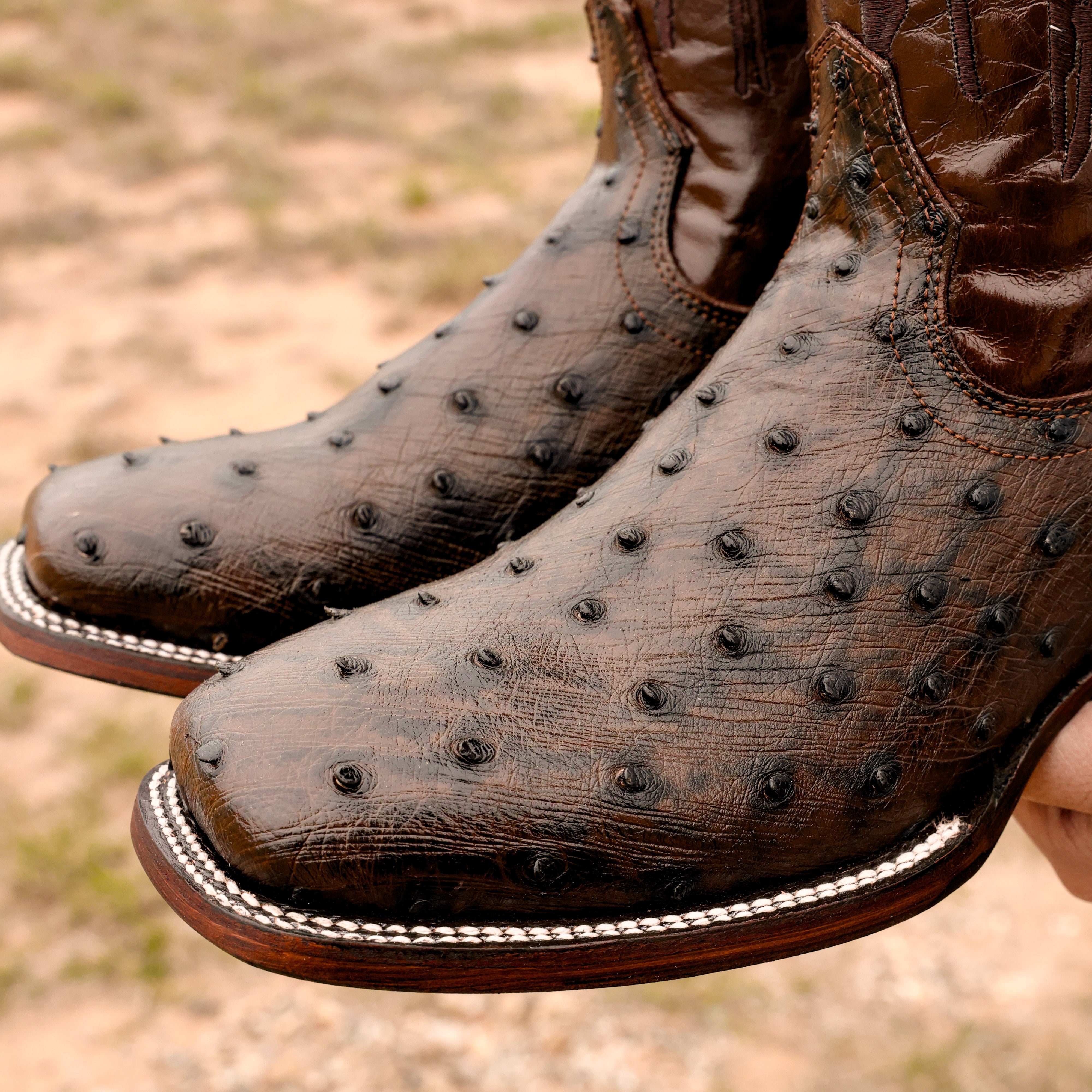Chocolate Brown Ostrich Leather Boots - Square Toe