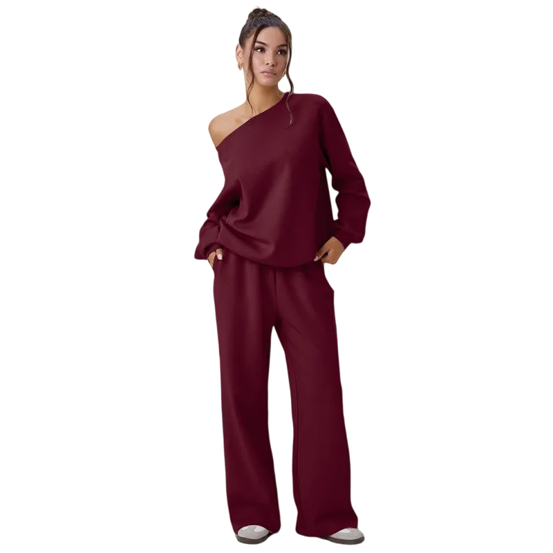 Women's Leisure Solid Color Sloping Shoulder Long Sleeve Top & Wide Leg Trousers Co-ord