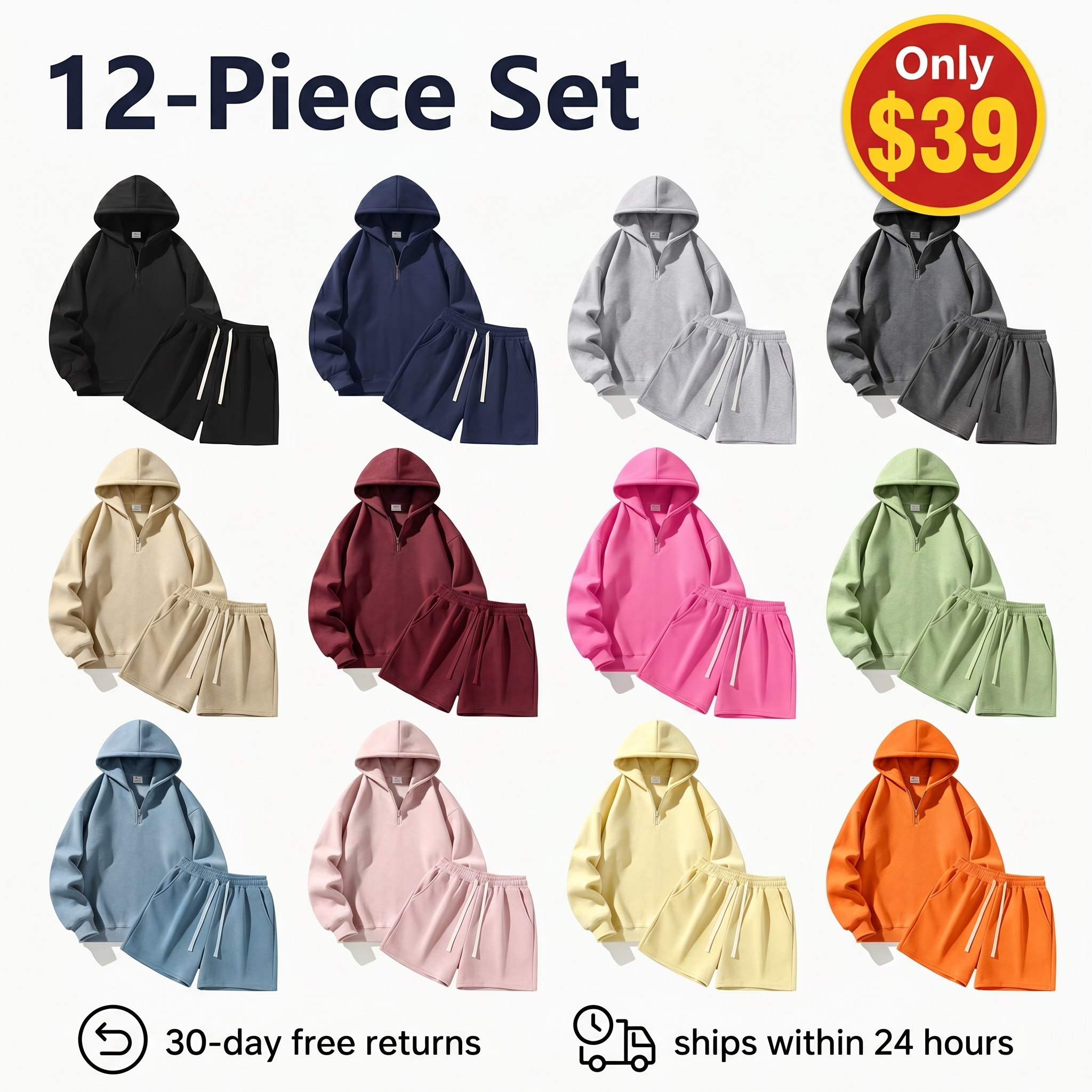 Men's Half-Zip Hooded Sweatshirt and Shorts Two-Piece Set