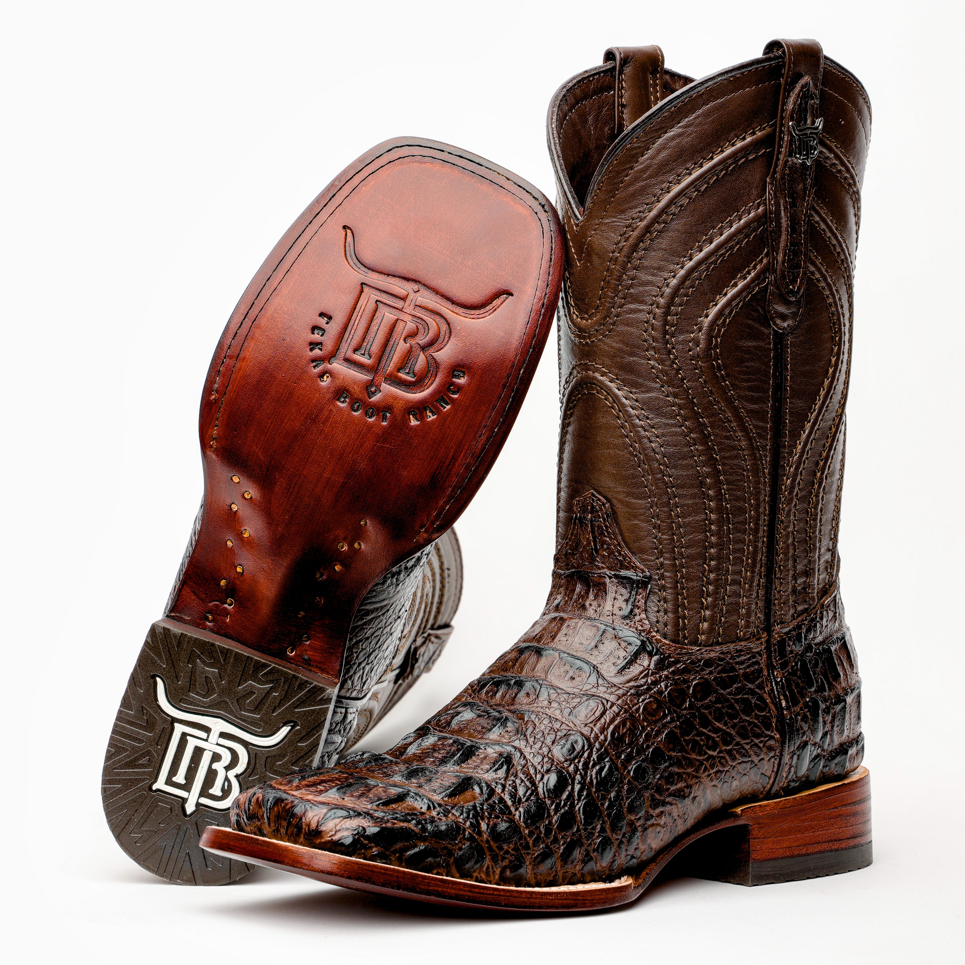 Brown Caiman Neck Leather Boots - Square Toe