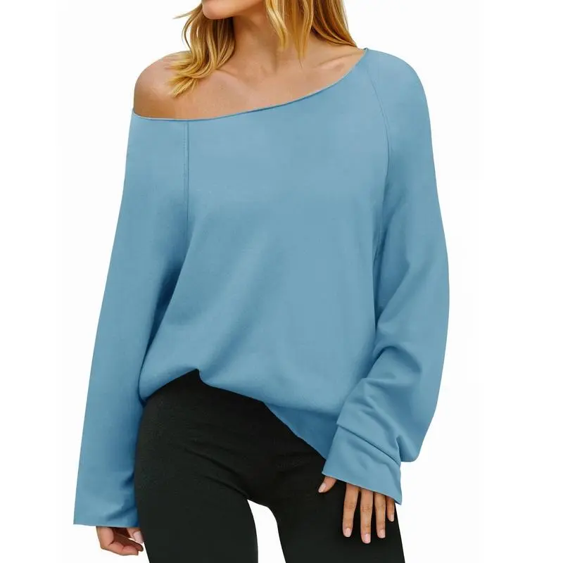 Womens Off the Shoulder Sweatshirts Wide Neckline Oversized Pullovers Long Sleeve