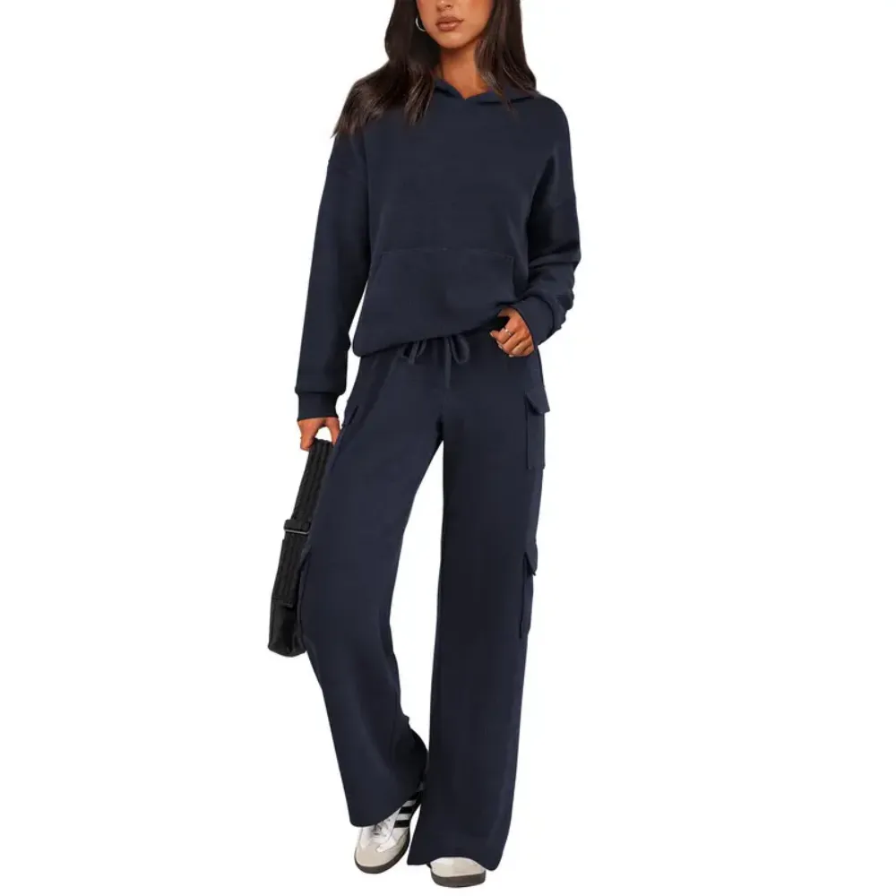 Women’s Casual Knit Tracksuit – Hoodie & Wide Leg Pants with Pockets