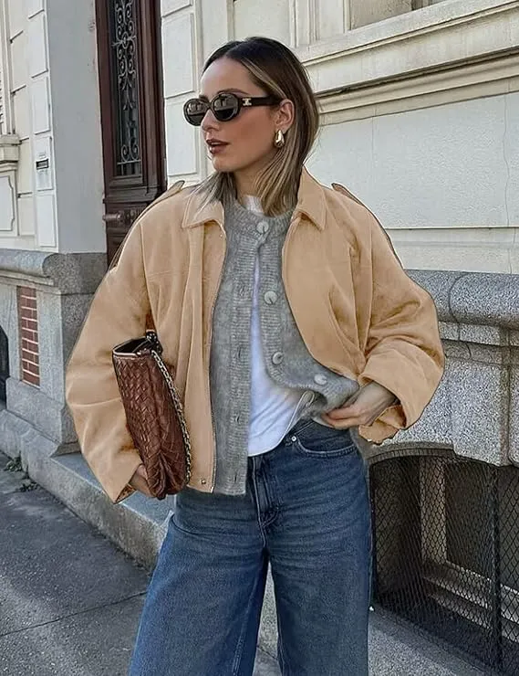 Women's Winter Vintage Solid Color Collared Zipper Long Sleeve Jacket