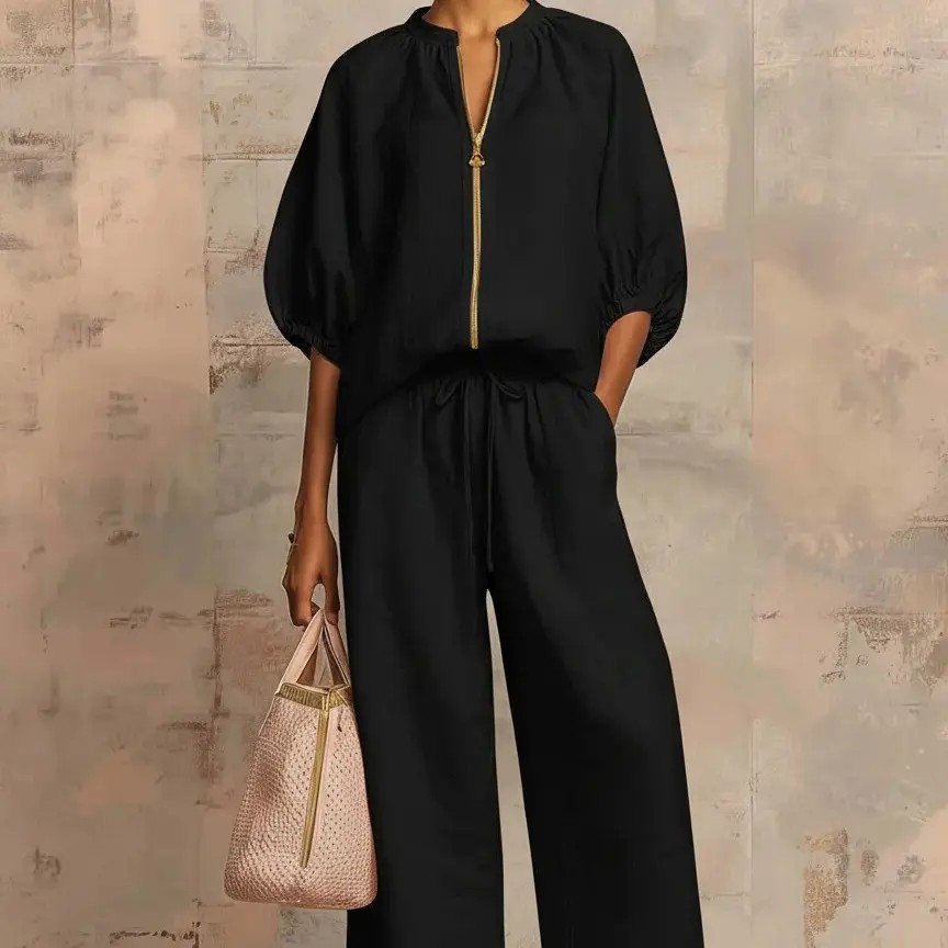 Chic Linen-Blend Quarter-Zip Lounge Set - Effortless Two-Piece Summer Outfit