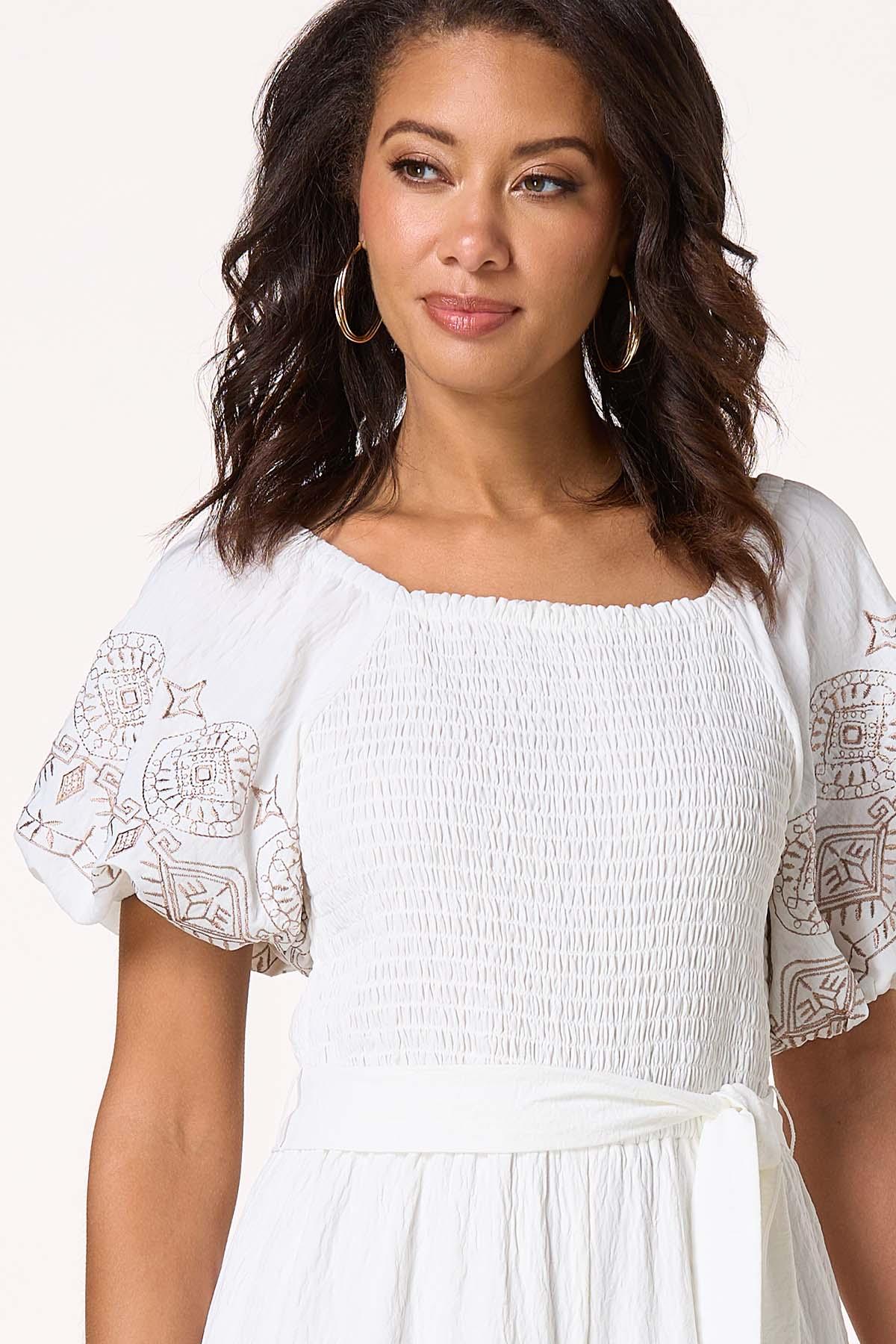 Smocked Embroidered Sleeve Jumpsuit