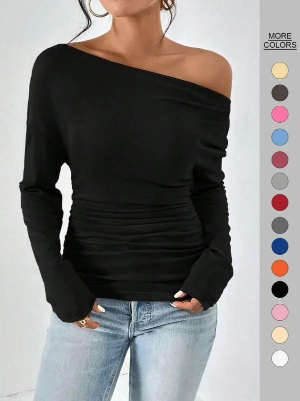 Women's Plain Ruched Asymmetrical Neck Drop Shoulder Tee